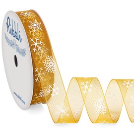 Ribbli Snowflake Gold Sheer Organza Ribbon,5/8 Inches x Continuous 25 Yard Christmas Ribbon for Crafts,Gift Wrapping,Christmas Tree Decoration