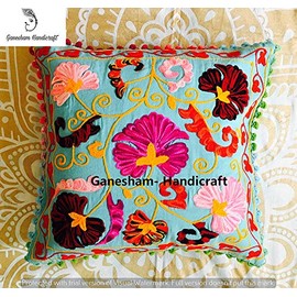 GANESHAM Indian Home Decor Floral Cotton Throw Pillow Case Hand Embroidered Suzani Sofa & Couch Handmade Cushion Cover (Turquoise)