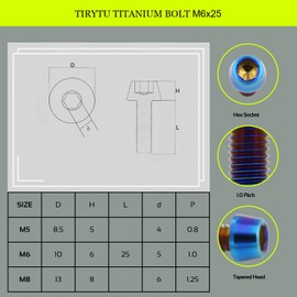 TIRYTU Titanium Bolts M6x25mm - Lightweight Design | Ideal for Humid/Salty Environments Hex Socket Screws for Motorcycle Performance/Bicycle CNC(4PCS, Burnt Blue)