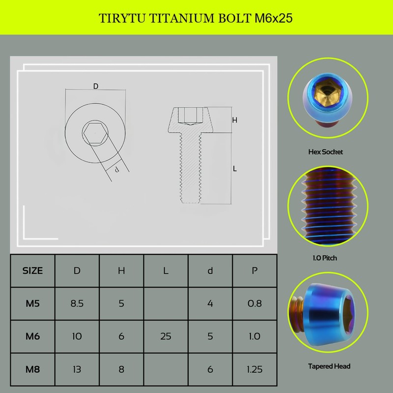 TIRYTU Titanium Bolts M6x25mm - Lightweight Design | Ideal for