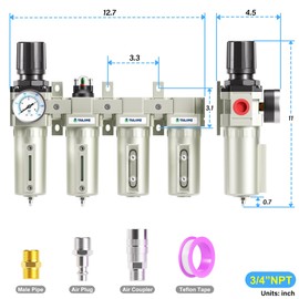 TAILONZ PNEUMATIC 0-240PSI 3/4 Inch NPT Industrial Grade 4 Stage Air Drying System, Particulate Filter, Coalescing Filter, Double Desiccant Dryer 5 Micron Filter +0.01 Micron Filter (Manual Drainage)