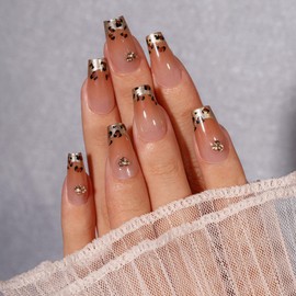KQueenest Cateye French Tip Press On Nails Medium Short Coffin, Glitter Sparkly Fake Nails With Glue, Cute Leopard Print Nails Press ons with Bling Charms, Reusable Glue on Nails for Women 24 Pcs