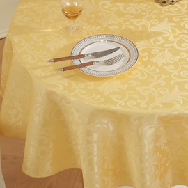 meioro Washable Tablecloth, Round Damask Tablecloths, Waterproof Polyester Fabric Tablecloth, Large Kitchen Wipe Clean Table Linen with Floral Patterns for Camping, Dining Room, Weddings (Yellow,