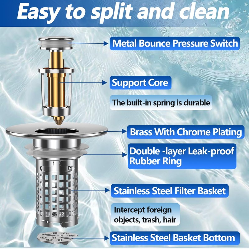 3-in-1 Bathroom Sink Drain Strainer, Stainless Steel Pop-up Strainer Basket