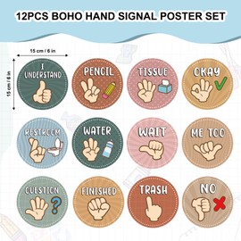 POSLIUE 12Pcs Boho Hand Signal Posters, Sign Language Posters for Visual Cues, Boho Pastel Classroom Decor for Bulletin Board, Nonverbally Communicate Supply Decoration, Back to School Decorations
