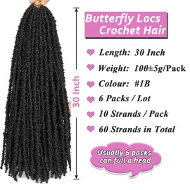 Samtress Long Distressed Locs Crochet Braids 30 Inch Black Butterfly Faux Locs Crochet Hair 6 Packs Pre Looped Soft Locs Crochet Braids Hair Extensions for Women (#1B)