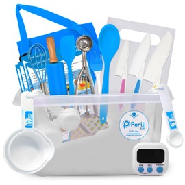 PERLLI Kids Real Cooking Set for Cooking and Baking – 31 Pc. Gift Set for Junior Chef with Real Utensils, Case & Safe Kids Knife Set for Boys & Girls – Fine Motor Skills & Fun for Kids Ages 6+, Blue