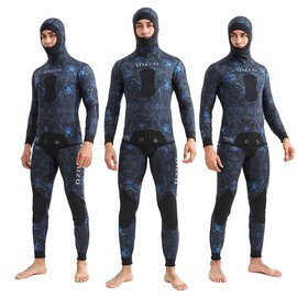 WYYHAA 3MM Neoprene Spearfishing Wetsuit with Hooded, 2 Pieces Long Sleeve Camouflage Hunting Diving Suit with Loading Chest Pad for Cool Water Freediving,Blue,XL