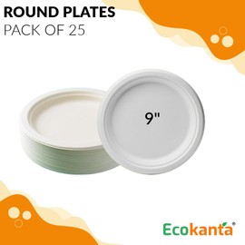 Ecokanta Paper Plates (9 Inch / 25 Pack) - Heavy Duty, Eco-Friendly & Disposable - Biodegradable Round Plate 23cm - Suitable for Hot & Cold Food - Party Plates - Perfect for Everyday use