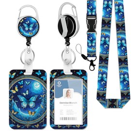 Badge Holder with Lanyard,Blue Butterfly Night Lanyards for ID Badges, Badge Holder with Breakaway Lanyard Keychain, Card Protector for Women, Gifts for Teacher Nurse Workers