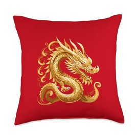 Chinese New Year Red Dragon Gold Zodiac Spring Festival Luna Throw Pillow, 18x18, Multicolor