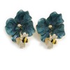Large Enamel Flower with Bee Motif Stud Earrings in Gold