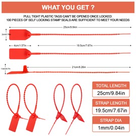 Cozy Core Plastic Tamper Proof Seals, 250mm Disposable Self-Locking Zip Ties for Fire Extinguishers, Pull Tite Security Tags (Red) (50 Pack)