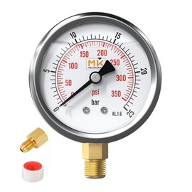 Pressure Gauge Glycerine 0-25 Bar 1/4 NPT Connection, Stainless Steel Housing with Integrated Teflon for Swimming Pool Sand Filter, Pressure Reducer, Air Pressure, Tyres, Water, Gas