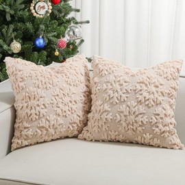 Lewondr Christmas Throw Pillow Cover 18x18, Set of 2 Super Soft Faux Fur Throw Pillow Covers Velvet 3D Snowflakes Embroidery Decorative Throw Pillowcase for Living Room Bed Couch Home Decor, Oatmeal
