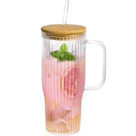 Dingerjar 32oz Glass Tumbler-Ribbed Glass Cup with Handle Bamboo Lid and Straw，Iced Coffee Cups for Tea, Juice, Smoothie