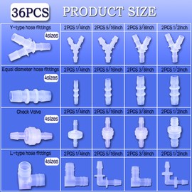 40Pcs Check Valves kit, 16-Size Plastic Hose Barb Fittings Assortment and Check valve, L Fitting, Y Fitting, one way valve for liquid, Gas, oils tubing（1/8"，5/32"，1/4"，5/16"）