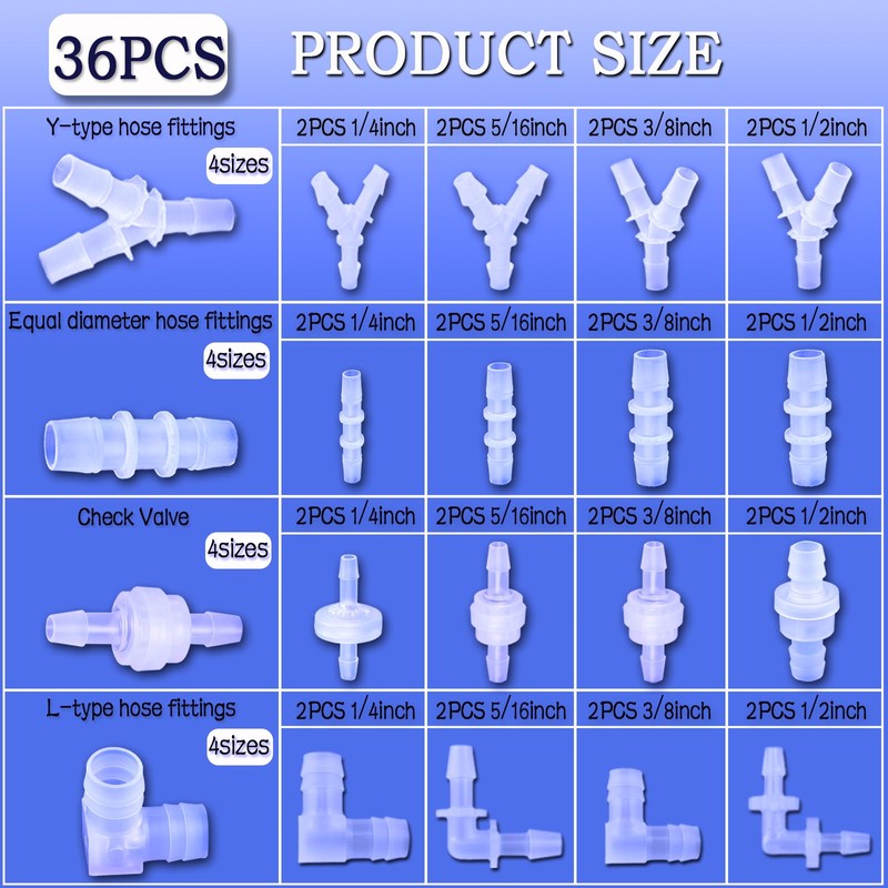 40Pcs Check Valves kit, 16-Size Plastic Hose Barb Fittings Assortment