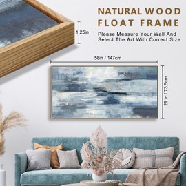 Indigo Framed Wall Art Abstract Ocean Canvas Pictures Blue White Grey Painting Vintage Wall Decor Modern Artwork Prints for Living Room Bedroom Bathroom Office Home Decoration Ready to Hang 29"x58"