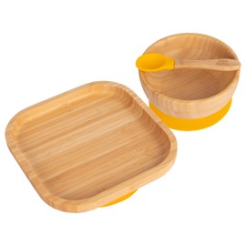 Tiny Dining Baby Dinner Set - Square - Yellow - 3pc - Divided Non-Slip Bamboo Self-Feeding Baby Weaning Plate, Bowl & Spoon for Babies, Toddlers, Children