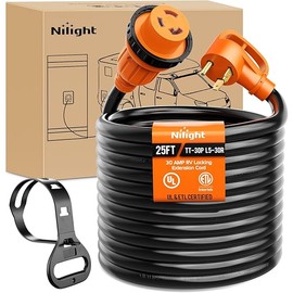 Nilight 30 Amp 25FT RV Locking Extension Cord 125V Heavy Duty 10 Gauge Pure Copper STW Wire ETL Listed 3 Prong TT-30P L5-30R 30F/30M Weatherproof Suit for Camper Trailer