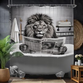Yookeb Lion Funny Bathroom Shower Curtain 60W by 71H Inch Cool Animal Man Hilarious Farmhouse Wildlife Rustic Newspaper Polyester Fabric 12 Plastic Hooks Waterproof Decor