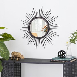HLFMVWE Black Sunburst Spoked Mirrors for Wall Boho Home Round Wall Art Mirror Classic Metal Modern Hanging Mirror Living Room Hallway Bathroom Bedroom Office Vanity Entryway 16"