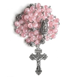 LinZengYo Catholic Rosary Beads with 8mm White Cat's Eye Glass, Ornate Silver Crucifix and Virgin Mary Medal, 24 Inch, 59 Pieces (Pink Cat's Eye)