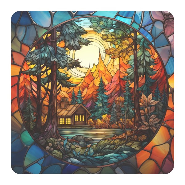 Cabin In the Woods Faux Stained Glass Window Cling, Cabin