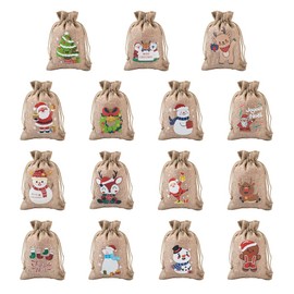 KISSITTY 30pcs 15 Styles Christmas Theme Drawstring Bags Storage Pouches Rectangle Shape Santa Claus Tree Snowman Wreath Reindeer Pattern for Jewelry Gifts Party Favors Wrapping, 3.9x5.5 Inch