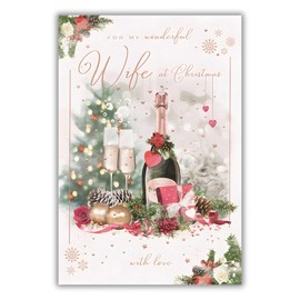 Wife Christmas Card - Wonderful Wife - Special Finishes - Champagne and Love Hearts - Artistic Festive Design - Illustrated Insert Leaf - Made in the UK