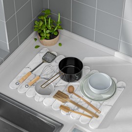 Vorisebo Dish Drying Mat for Kitchen Counter, 24" × 16" Large Stone Drying Mat, Foldable Quick Dry Stone Mats, Ultra Absorbent Diatomaceous Earth Dish Mat for Dishes, Bottles, Cups, White Marble