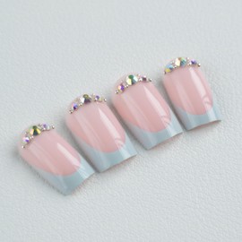 24Pcs Light Blue French Press on Nails Square Short Fake Nails Spring Nail Art Tips Full Cover Cute Rhinestones Acrylic Nails Glossy Designs Nude False Nails for Women and Girls Nail Decoration