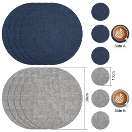 Myir JUN Leather Placemats and Coaster Set of 4, Table Mats Round Waterproof Dual Sided Kitchen Place Mats Coffee Mats Heat Resistant Placemat Non-Slip Washable (set of 4, Gray Blue)