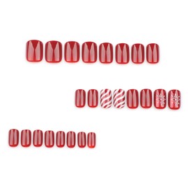 Christmas Fake Nails Short Square Press on Nails Snowflake with Stripe Design Red False Nails Xmas Acrylic Nails Full Cover Artificial Nails Glue on Nails Stick on Nails for Women Holiday Nails 24Pcs