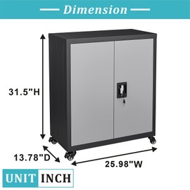 GREATMEET Metal Storage Cabinet with Locking Doors and Wheels,Garage Cabinet with Shelves for Home Office, Gym, School,Black+Grey