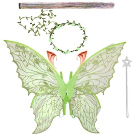 Fairy Wings for Adults and Girls，Fairy Costume Set with Floral Garland, Fairy Hair Tinsel, Wand & Elf Ears – 29"x21" Organza Butterfly Wings – Ideal for Cosplay, Party, Green