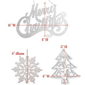 BANBERRY DESIGNS Silver Christmas Ornament Set - 16 Pc Assorted Ornaments - Silver Glittered Plastic Tree Decorations - Merry Christmas, Tree Snowflake