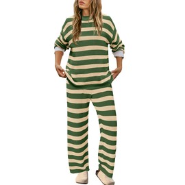 SENSERISE Womens Lounge Sets Oversized Sweater Set Striped Long Sleeve Tops and Pants Pajamas with Pockets, Green, M
