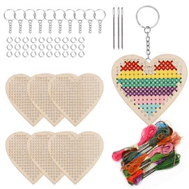 Swpeet 64Pcs Heart Shape Wooden Cross Stitch with Keychain, Jump Ring, Thread and Needles Assortment Kit, Wood Sewing Kit for Beginners, Crafts Needle Embroidery Kit for DIY Hanging Decor Gift