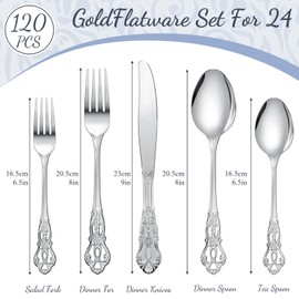 Dandat 120 Pcs Retro Royal Silverware Set Stainless Steel Flatware Set Anti Rust Kitchen Utensils Mirror Polished Cutlery Include Spoon Fork Knife for Dinnerware Wedding Birthday Party Favor (Silver)
