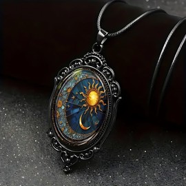 KONPJE Gothic Glass Pendant Necklace for Women Sun and Moon Necklace Vintage Celestial Necklace Lunar Solar Cameo Necklace Mystic Rope Chain Goth Witch Jewelry (A)