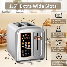 SEEDEEM Toaster 2 Slice, Stainless Toaster LCD Display&Touch Buttons, 50% Faster Heating Speed, 6 Bread Selection, 7 Shade Setting, 1.5''Wide Slot, Removable Crumb Tray, 1350W, Silver Metallic