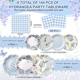 Skybooly 144 Pcs 48 Guests Hydrangea Plates and Napkins Party Supplies Blue White Hydrangea Paper Plates Napkins Flower Floral Checkered Disposable Tableware for Vintage Tea Party Baby Shower Wedding
