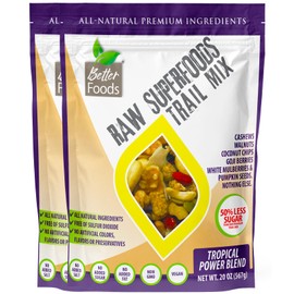 BetterFoods Raw Superfoods Trail Mix - Tropical Power Blend | 50% Less Sugar, Vegan, Non-GMO, Gluten & Soy Free | Cashews, Mulberries, Pumpkin Seeds, Walnuts, Goji Berries & Coconut, 20oz, Pack of 2