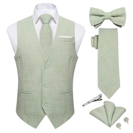 DiBanGu Mens Linen Suit Vest Casual Waistcoat and Necktie & Pre-tied Bowtie Set 6PCS Solid Color Dress Vest for Wedding Party, Sage Green, Large