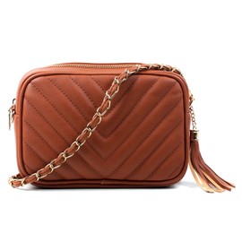 Aossta Women's Cross-Body Bag Designer Quilted Shoulder Bag for Women Handbag Tassel With Chain Strap (0839 Large, Brown)