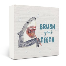 OVAcational Shark Kids Bathroom Signs Wooden Signs,Brush Your Teeth Wooden Box Sign,Funny Shark Bath Room Decor For Desk Shelf Tabletop Decoration 5x5 Inches