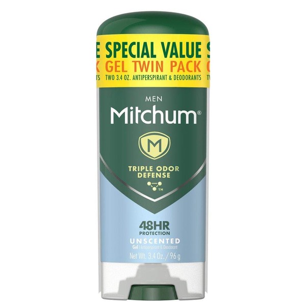 Mitchum Antiperspirant Deodorant Stick for Men, Triple Odor Defense Gel, 48 Hr Protection, Dermatologist Tested, Alcohol Free, Unscented, 3.4 oz (pack of 2)