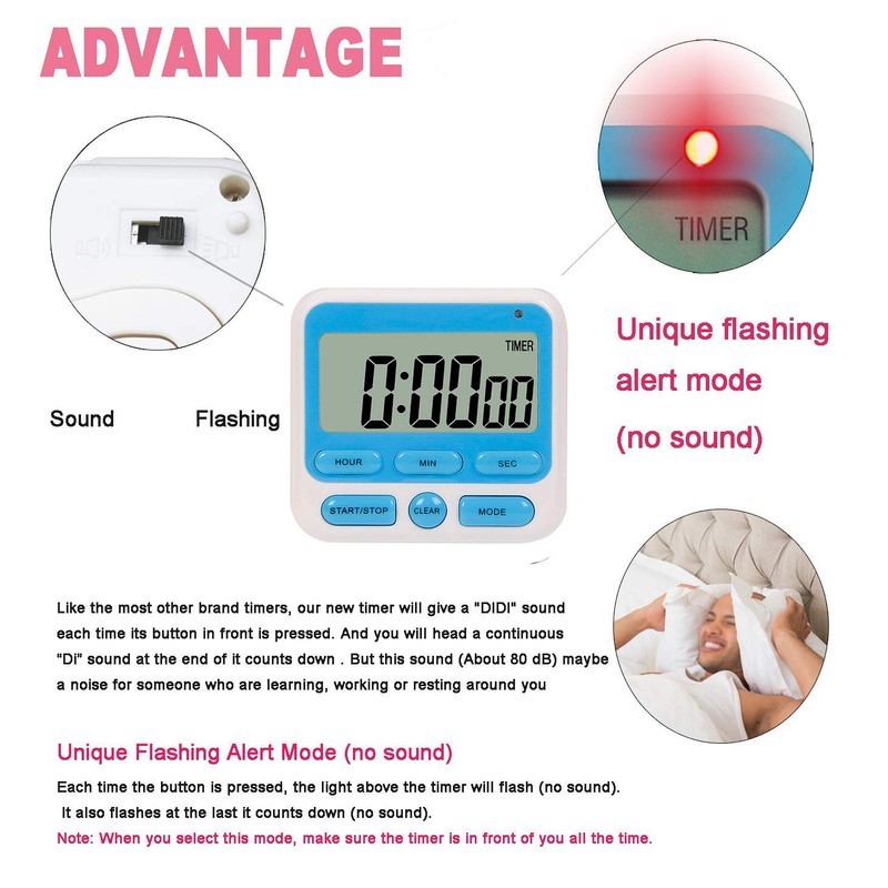 Upgraded Digital Kitchen Timer, ON/Off Switch, 12/24 Hour Clock and